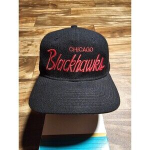 Vintage Rare Chicago Blackhawks Black Dome Wool Blend Script Hat Cap Snapback